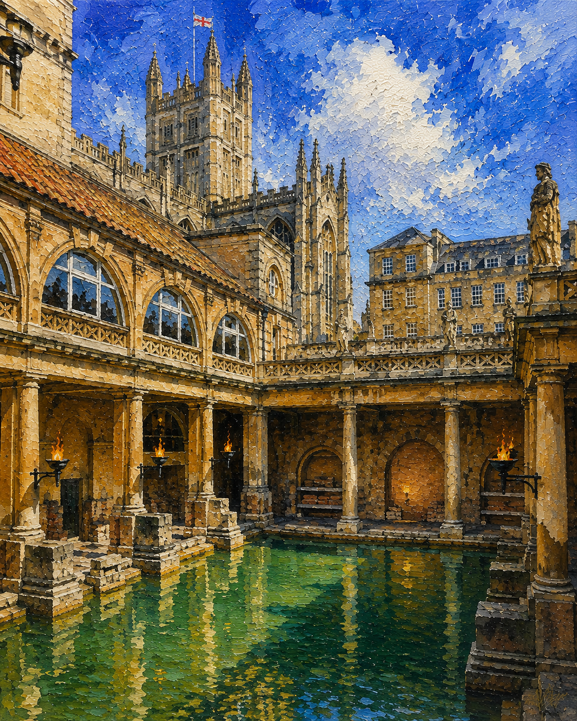 Limited Edition PRINT of my Original Acrylic Painting of Roman Baths, Bath, City of United Kingdom - on Cartridge Paper - No Frame (Size: A4 & A3)
