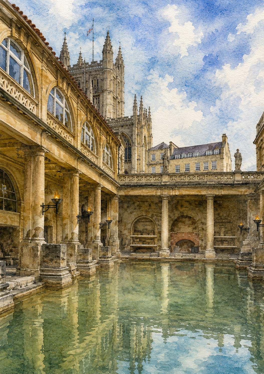 Limited Edition PRINT of my Original WaterColour Painting of Roman Baths, Bath, City of United Kingdom - on Cartridge Paper - No Frame (Size: A4 & A3)