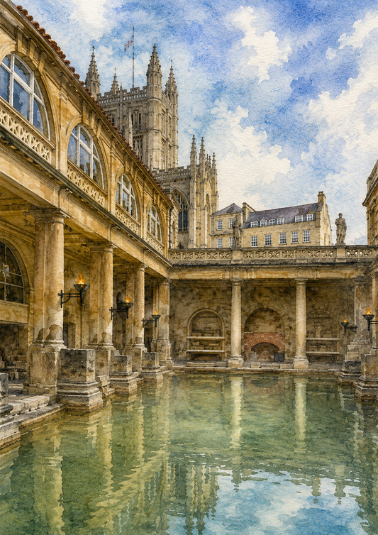 Limited Edition PRINT of my Original WaterColour Painting of Roman Baths, Bath, City of United Kingdom - on Cartridge Paper - No Frame (Size: A4 & A3)