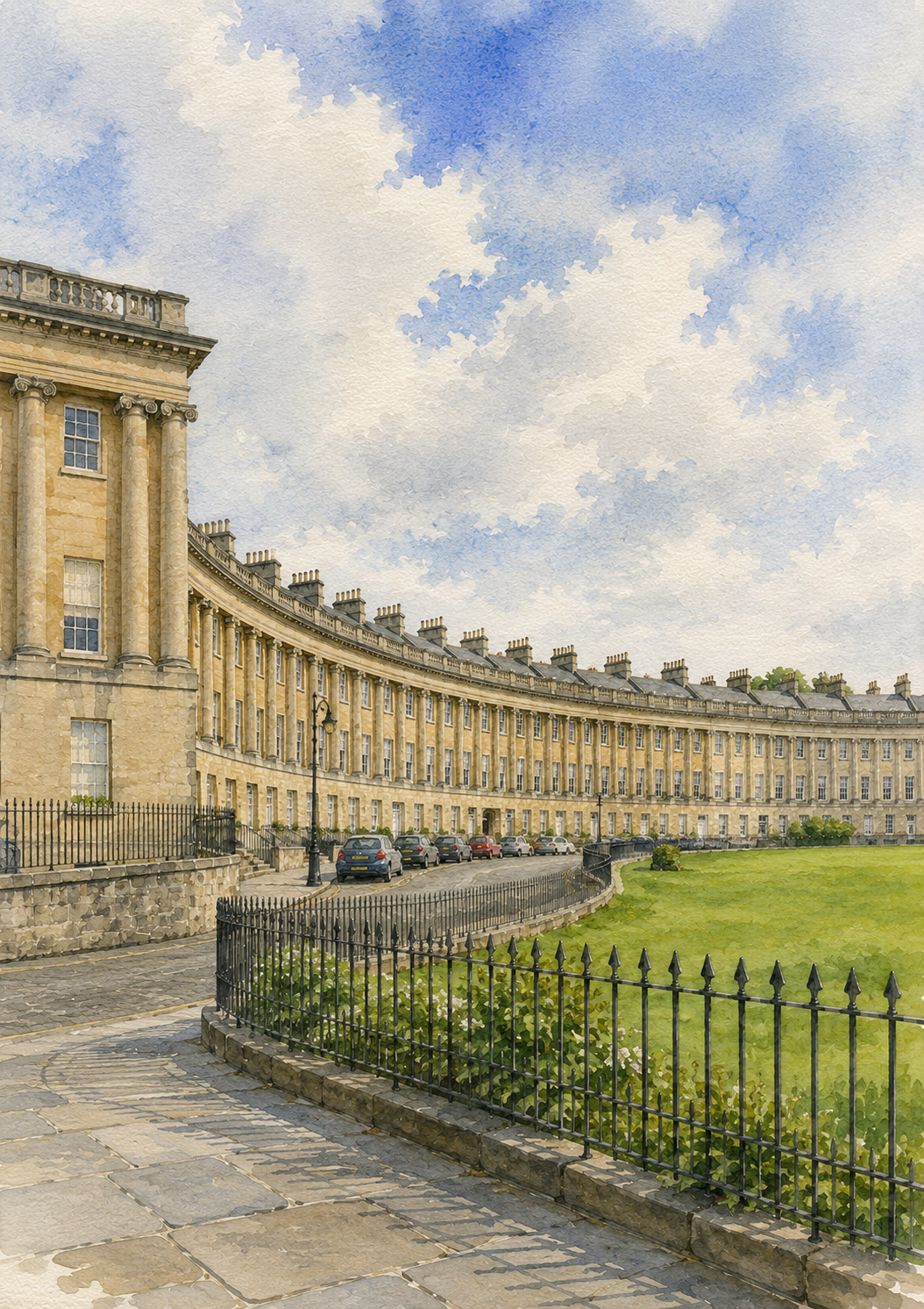 Limited Edition PRINT of my Original WaterColour Painting of Royal Crescent, Bath, City of United Kingdom - on Cartridge Paper - No Frame (Size: A4 & A3)