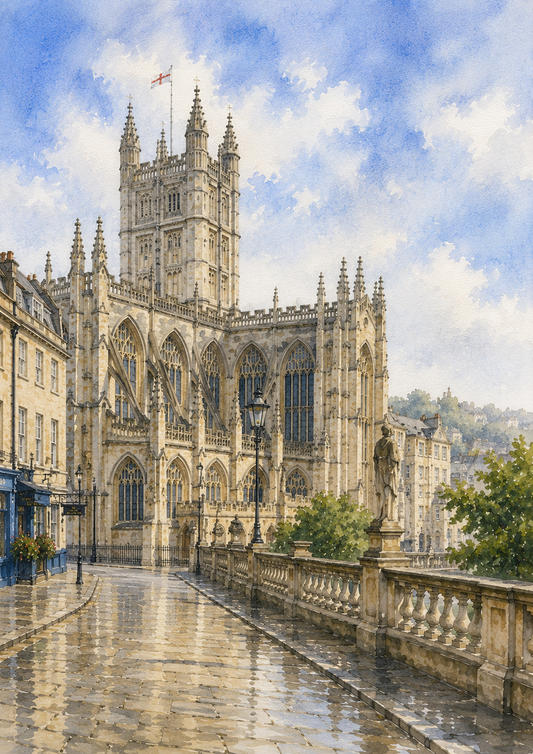Limited Edition PRINT of my Original WaterColour Painting of  Bath Abbey, Bath, City of United Kingdom - on Cartridge Paper - No Frame (Size: A4 & A3)
