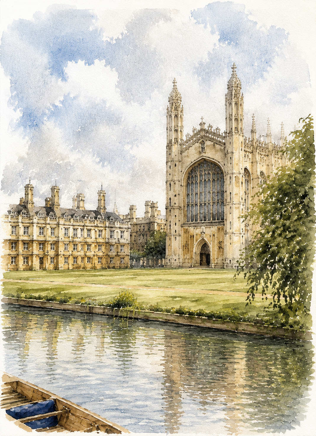 Limited Edition PRINT of my Original WaterColour Painting of University of Cambridge, Cambridge, City of United Kingdom - on Cartridge Paper - No Frame (Size: A4 & A3)