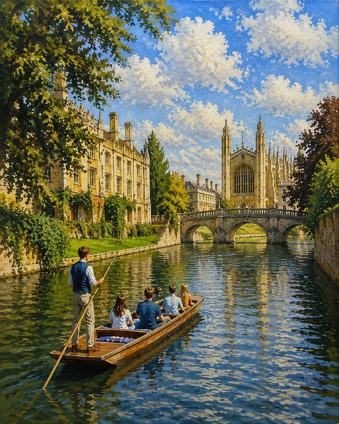 Limited Edition PRINT of my Original Acrylic Painting of Punting on the River Cam, Cambridge, City of United Kingdom - on Cartridge Paper - No Frame (Size: A4 & A3)