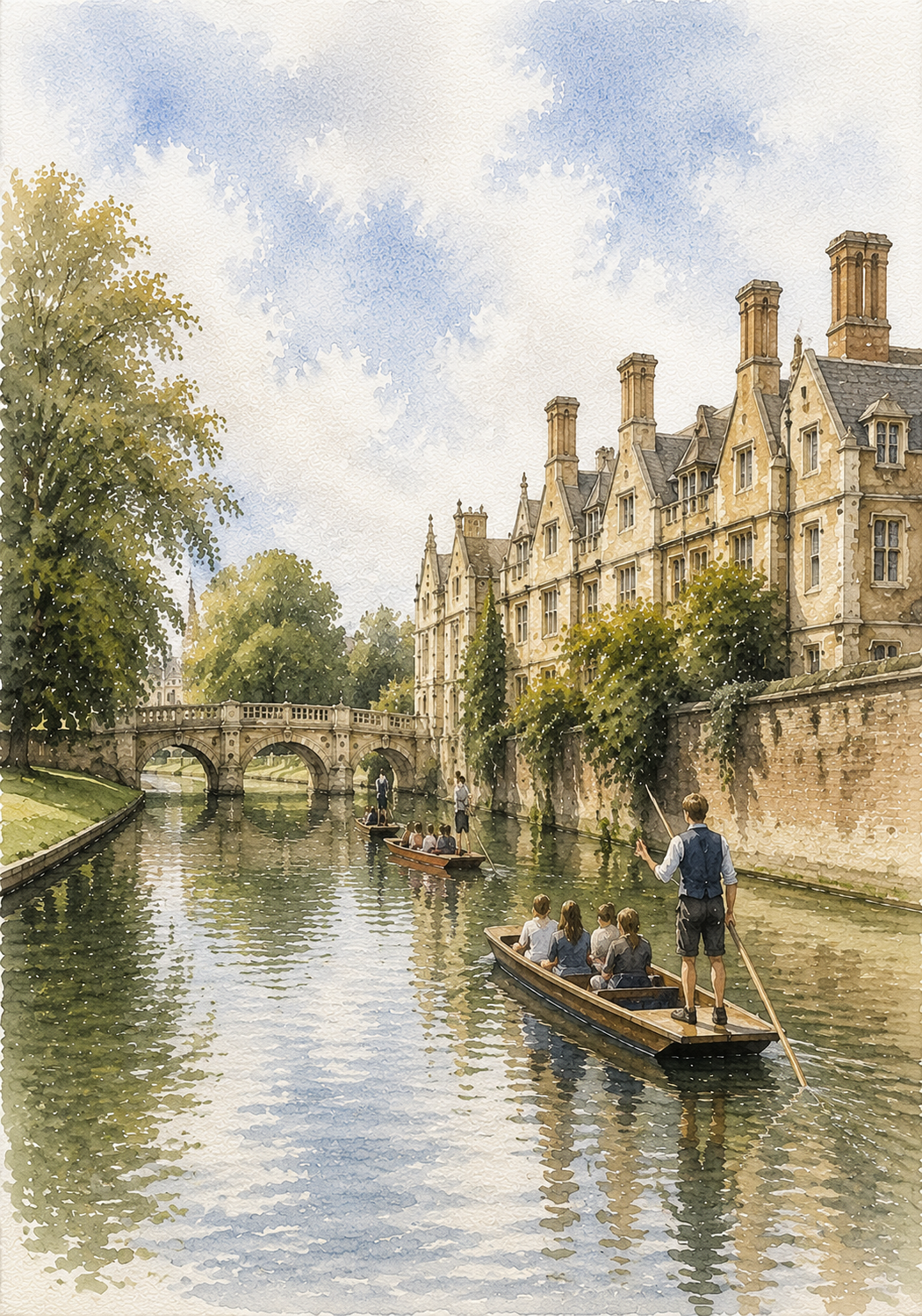 Limited Edition PRINT of my Original WaterColour Painting of Punting on the River Cam, Cambridge, City of United Kingdom - on Cartridge Paper - No Frame (Size: A4 & A3)