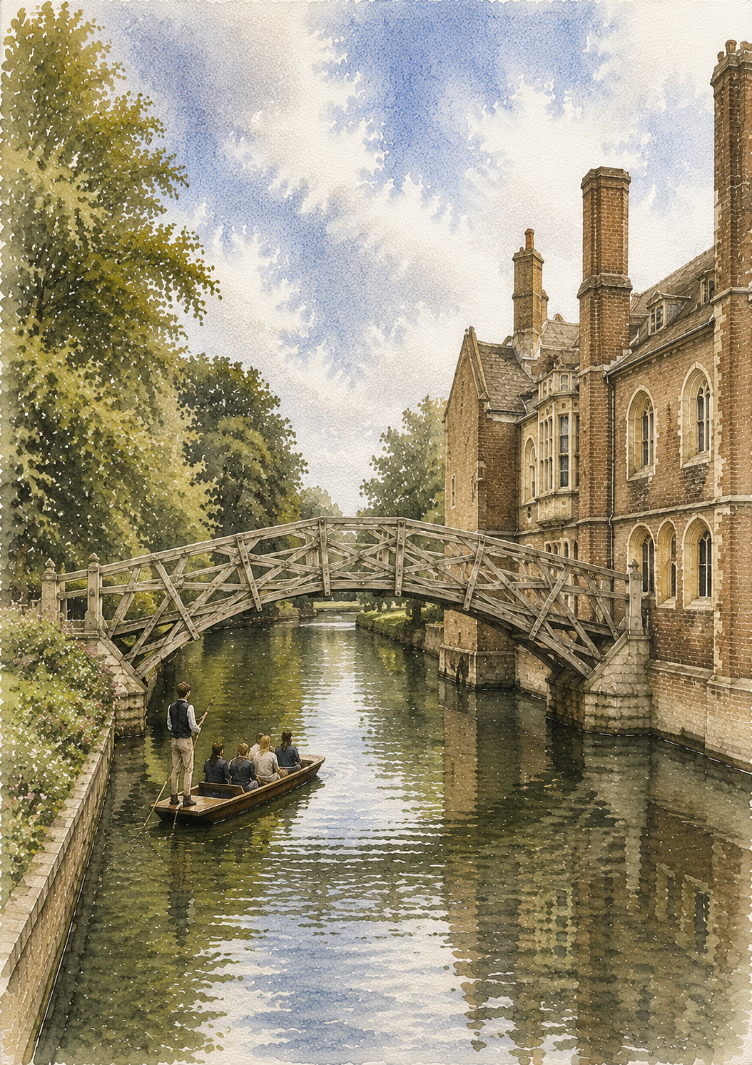 Limited Edition PRINT of my Original WaterColour Painting of Mathematical Bridge, Cambridge, City of United Kingdom - on Cartridge Paper - No Frame (Size: A4 & A3)