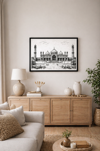 Hand Drawn Badshahi Mosque, Pakistan - Muslim Art on Cartridge Paper - No Frame (Size: A4 & A3)