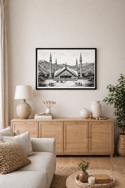 Hand Drawn Faisal Mosque, Pakistan - Muslim Art on Cartridge Paper - No Frame (Size: A4 & A3)