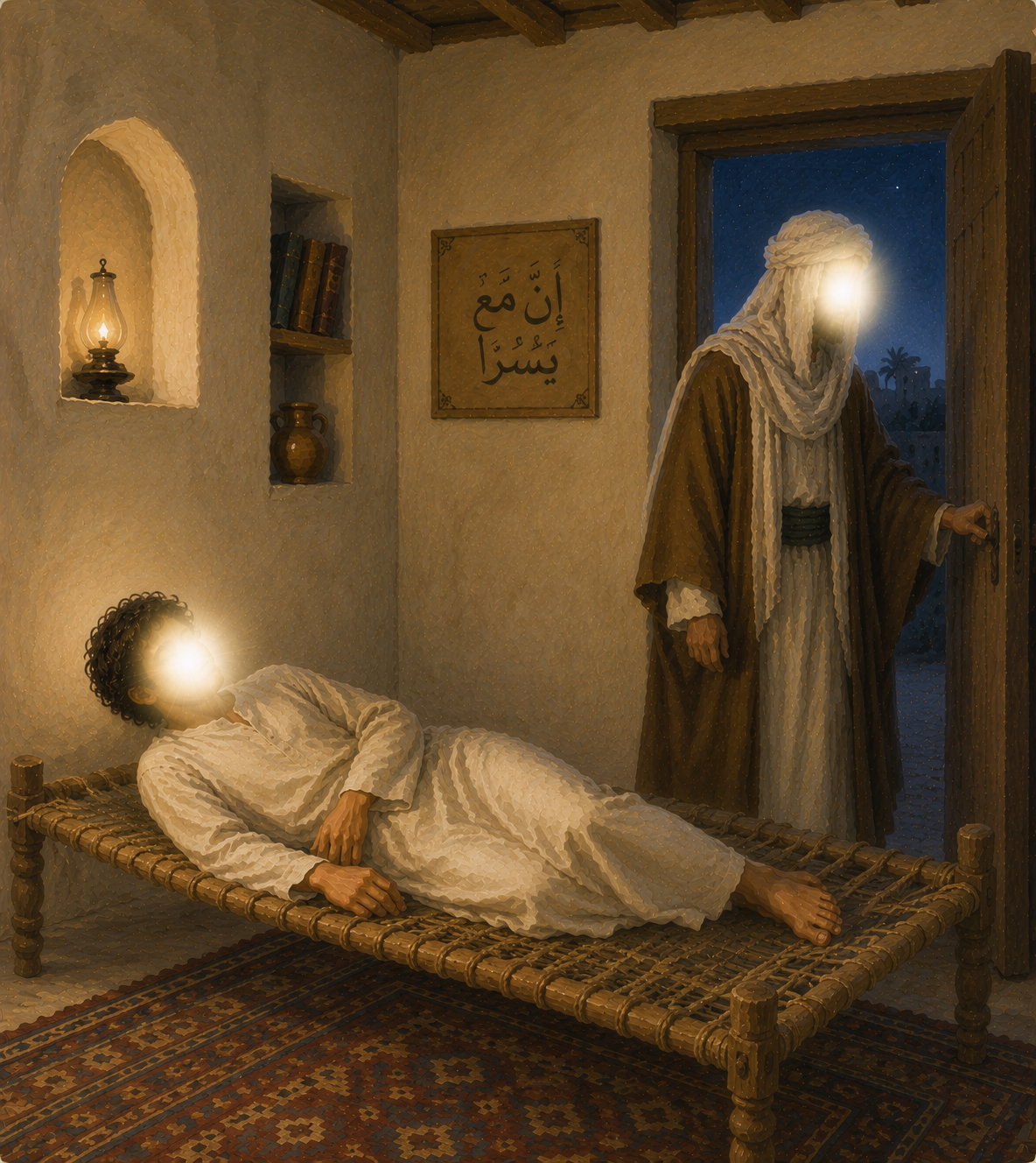 Limited Edition PRINT of my Original Imam Ali Sleeping in the Prophet’s bed during Hijrah - Muslim Acrylic Painting on Cartridge Paper - No Frame (Size: A4 & A3)