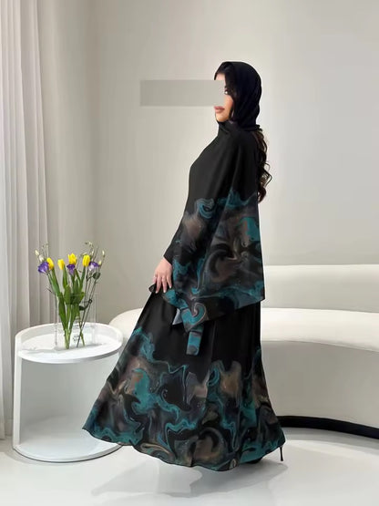 Floral Slit Black Abaya - Long Sleeved Dubai Style Robe
