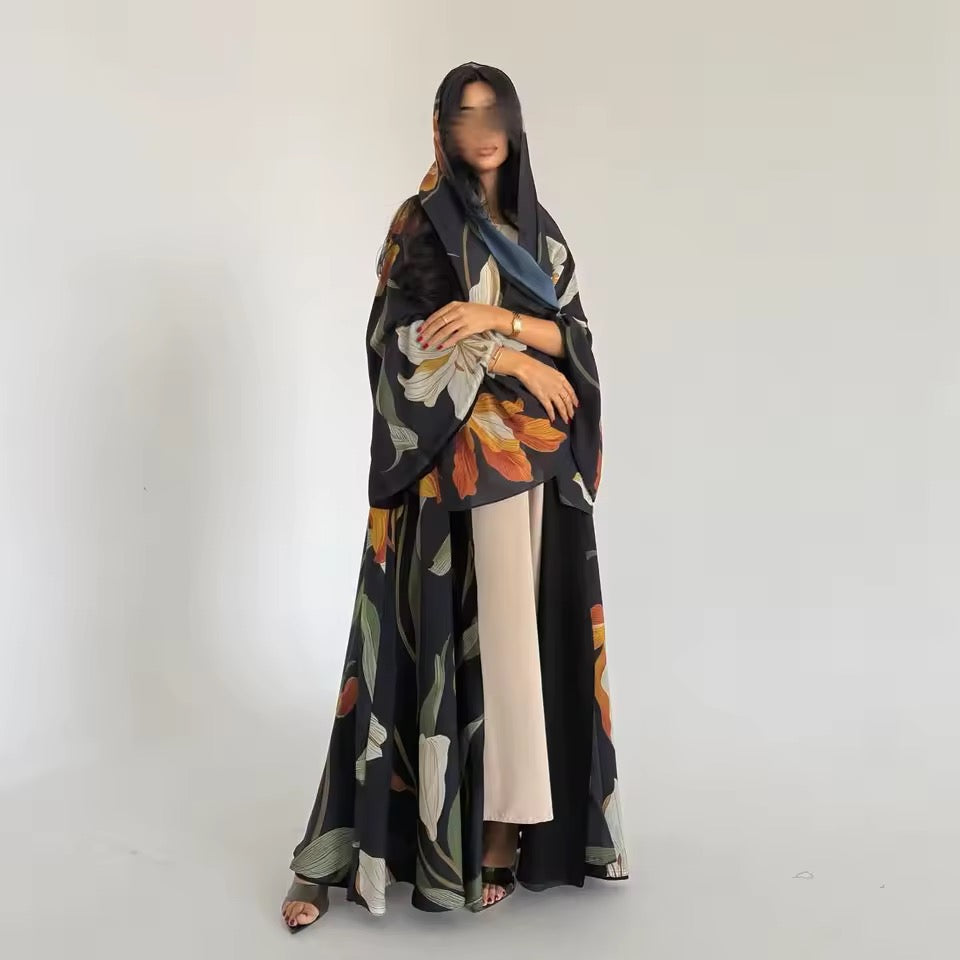 Floral Slit Black Abaya - Long Sleeved Dubai Style Robe
