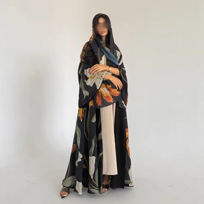 Floral Slit Black Abaya - Long Sleeved Dubai Style Robe
