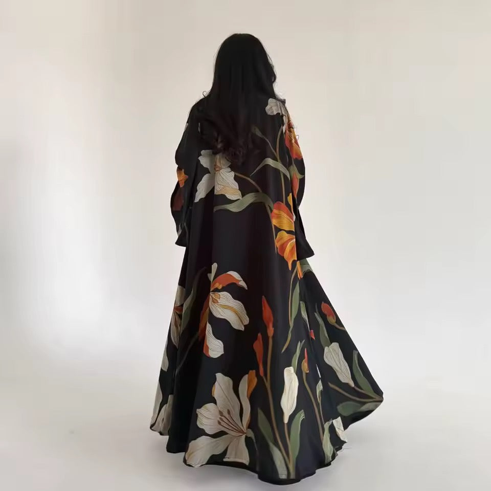 Floral Slit Black Abaya - Long Sleeved Dubai Style Robe