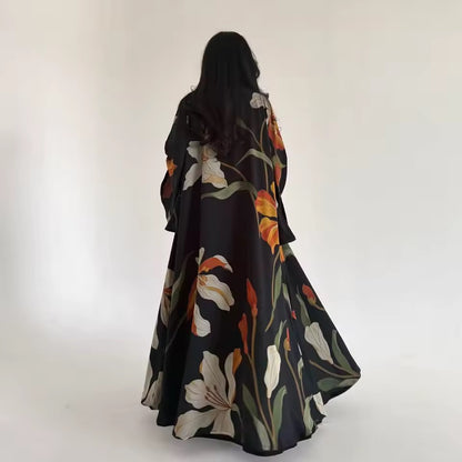 Floral Slit Black Abaya - Long Sleeved Dubai Style Robe