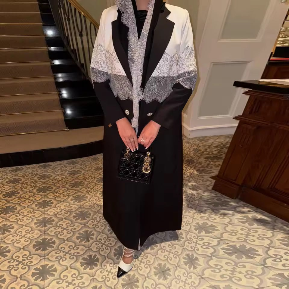 Lace Floral Slit Black Abaya - Long Sleeved Dubai Style Robe