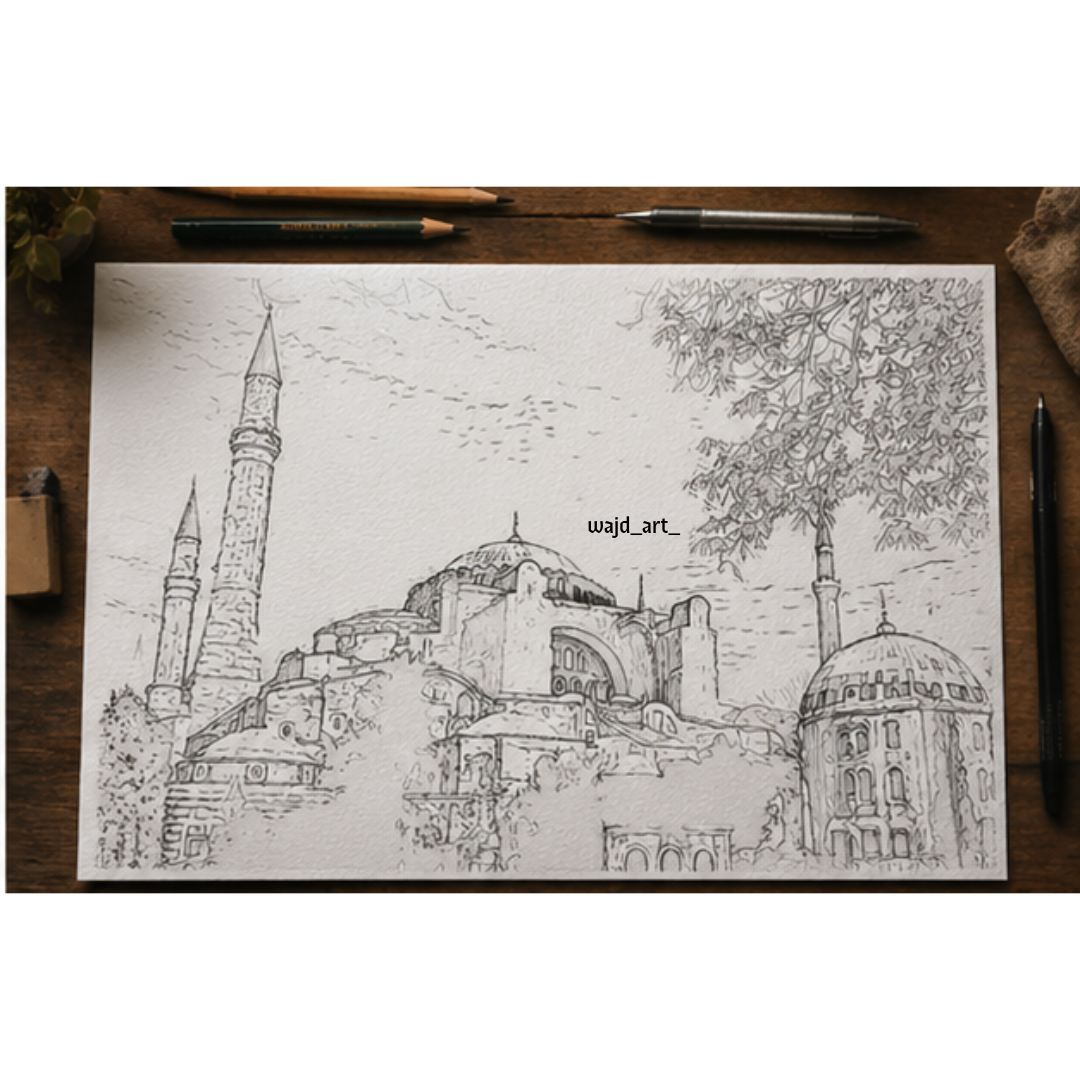 Hand Drawn Hagia Sophia Mosque, Istanbul - Muslim Art on Cartridge Paper - No Frame (Size: A4 & A3)