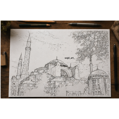 Hand Drawn Hagia Sophia Mosque, Istanbul - Muslim Art on Cartridge Paper - No Frame (Size: A4 & A3)