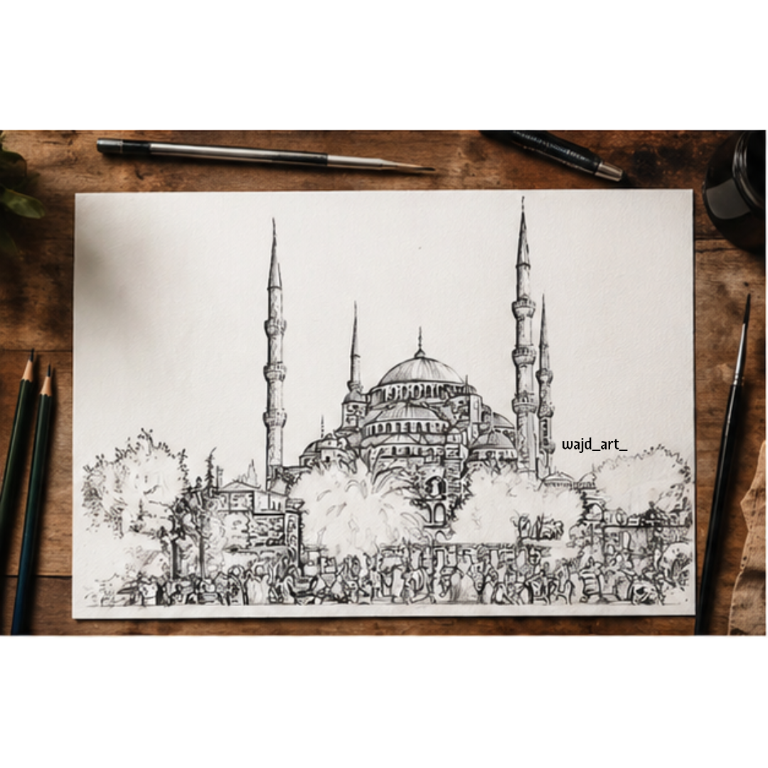 Hand Drawn Blue Mosque, Istanbul - Muslim Art on Cartridge Paper - No Frame (Size: A4 & A3)