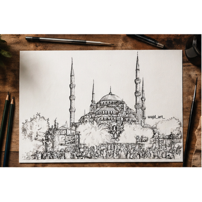Hand Drawn Blue Mosque, Istanbul - Muslim Art on Cartridge Paper - No Frame (Size: A4 & A3)