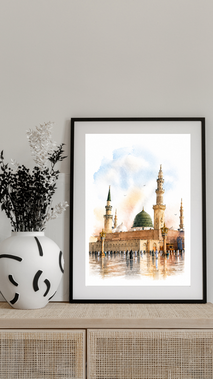 Limited Edition PRINT of my Original Madina, Saudi Arabia, Muslim Watercolour Painting on Cartridge Paper - No Frame (Size: A4 & A3)
