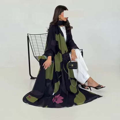 Floral Slit Black Abaya - Long Sleeved Dubai Style Robe