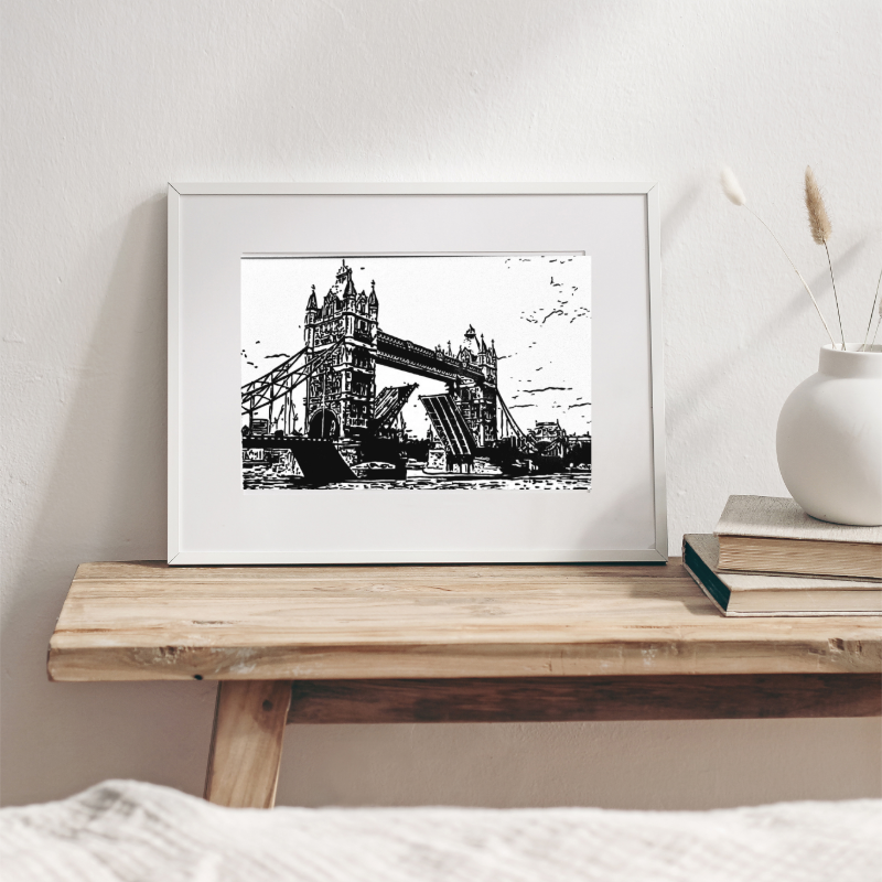 Hand Drawn Tower Bridge City Art on Cartridge Paper - No Frame (Size: A4 & A3)