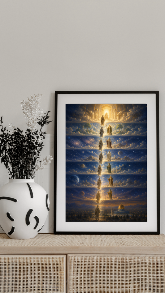 Limited Edition PRINT of my Original Oil Painting of Prophet Muhammad Meeting earlier prophets Muslim Painting on Cartridge Paper - No Frame (Size: A4 & A3)