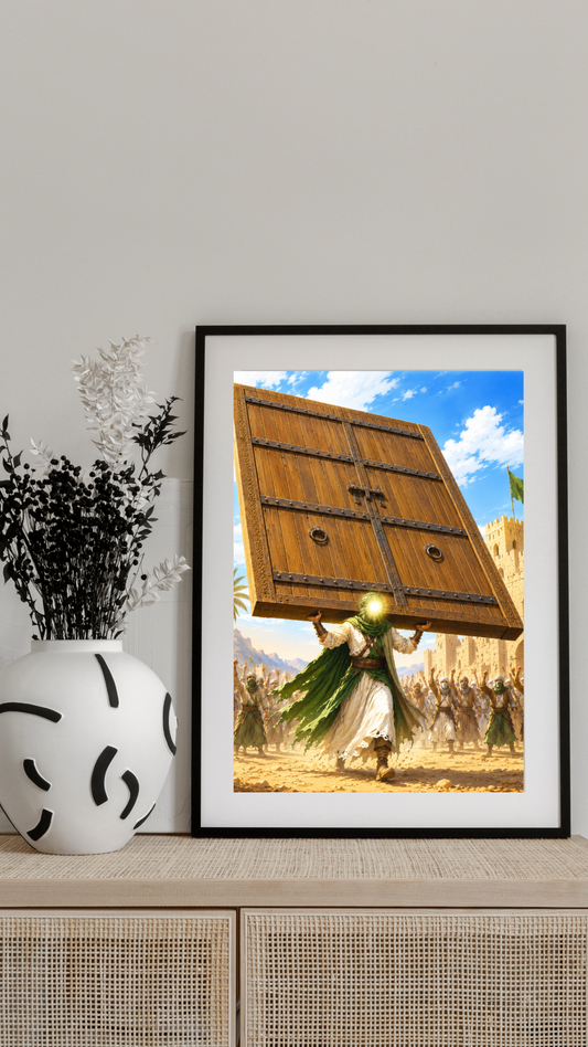 Limited Edition PRINT of my Original acrylic Painting on Imam Ali Holding the 900 KG Door of Khaybar  - Muslim Acrylic Painting on Cartridge Paper - No Frame (Size: A4 & A3)