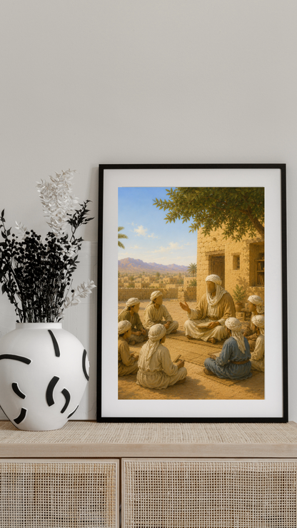 Limited Edition PRINT of my Original Oil Painting of Prophet Muhammad Teaching children and companions - Muslim Painting on Cartridge Paper - No Frame (Size: A4 & A3)