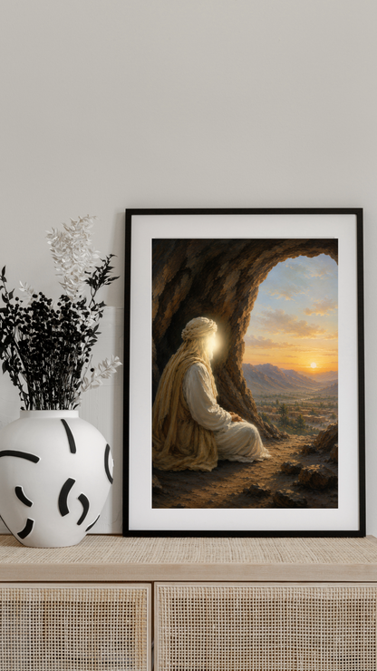 Limited Edition PRINT of my Original Oil Painting of Prophet Muhammad Meditating in Cave Hira Muslim Painting on Cartridge Paper - No Frame (Size: A4 & A3)