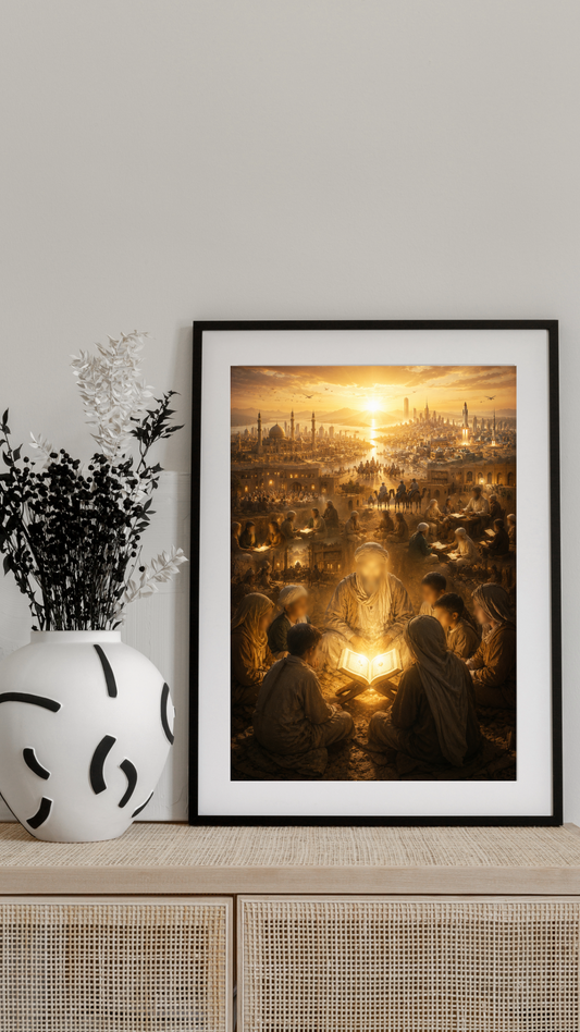 Limited Edition PRINT of my Original Oil Painting of Prophet Muhammad message spreading across the world - Muslim Painting on Cartridge Paper - No Frame (Size: A4 & A3)