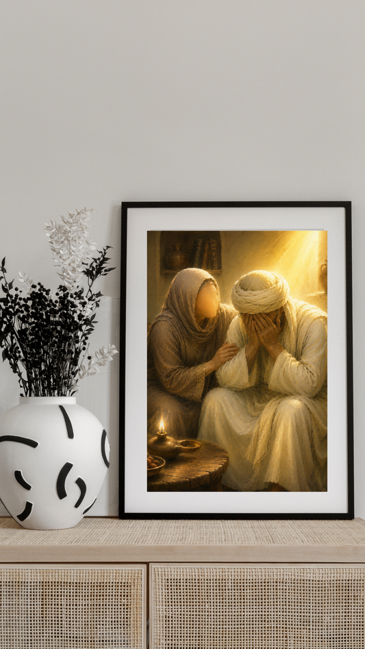 Limited Edition PRINT of my Original Oil Painting of Sayyidah Khadijah Comforting Prophet Muhammad After Return from Cave Hira Muslim Painting on Cartridge Paper - No Frame (Size: A4 & A3)