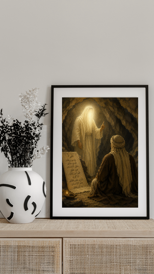 Limited Edition PRINT of my Original Oil Painting of Prophet Muhammad and Hazrath Jibreel in Cave Hira Muslim Painting on Cartridge Paper - No Frame (Size: A4 & A3)