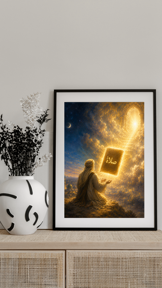 Limited Edition PRINT of my Original Oil Painting of Prophet Muhammad Gifted Salah At Isra & Miraj Muslim Painting on Cartridge Paper - No Frame (Size: A4 & A3)