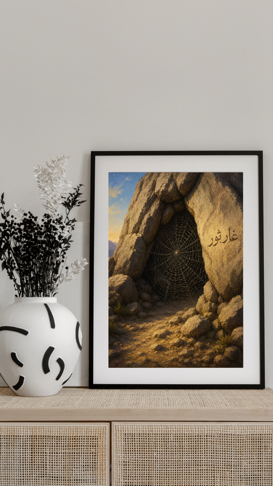 Limited Edition PRINT of my Original Oil Painting of Prophet Muhammad and Spider web miracle at cave entrance Muslim Painting on Cartridge Paper - No Frame (Size: A4 & A3)