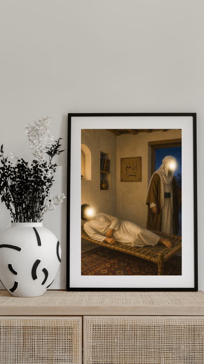 Limited Edition PRINT of my Original Imam Ali Sleeping in the Prophet’s bed during Hijrah - Muslim Acrylic Painting on Cartridge Paper - No Frame (Size: A4 & A3)