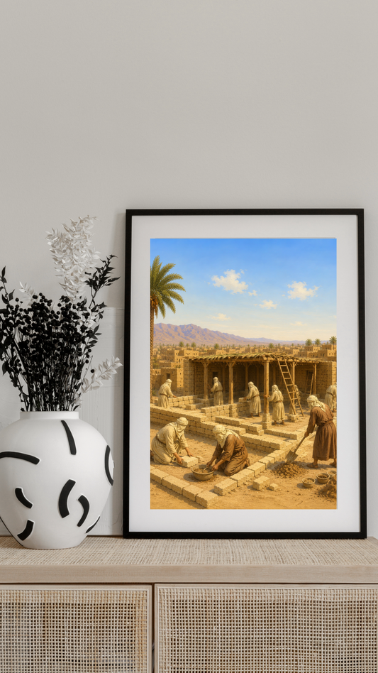 Limited Edition PRINT of my Original Oil Painting of Prophet Muhammad Building the Mosque Muslim Painting on Cartridge Paper - No Frame (Size: A4 & A3)