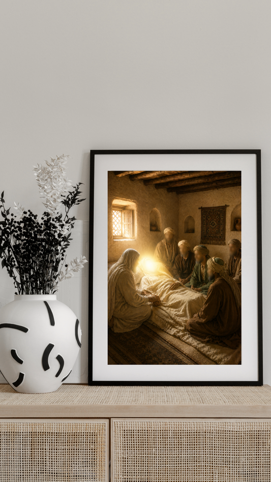 Limited Edition PRINT of my Original Oil Painting of Prophet Muhammad Passing away peacefully - Muslim Painting on Cartridge Paper - No Frame (Size: A4 & A3)