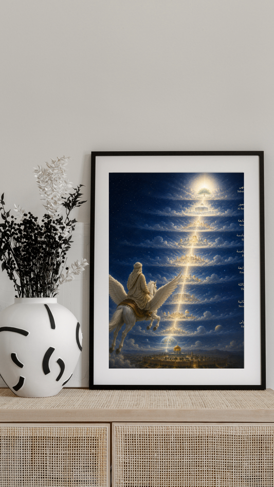 Limited Edition PRINT of my Original Oil Painting of Prophet Muhammad Mi'raj — Ascension through heavens Muslim Painting on Cartridge Paper - No Frame (Size: A4 & A3)
