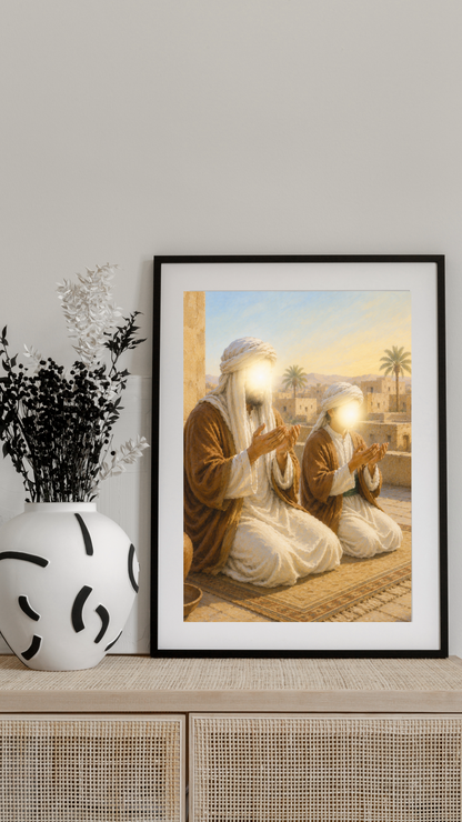 Limited Edition PRINT of my Original Imam Ali praying beside the Prophet in early Islam - Muslim Acrylic Painting on Cartridge Paper - No Frame (Size: A4 & A3)