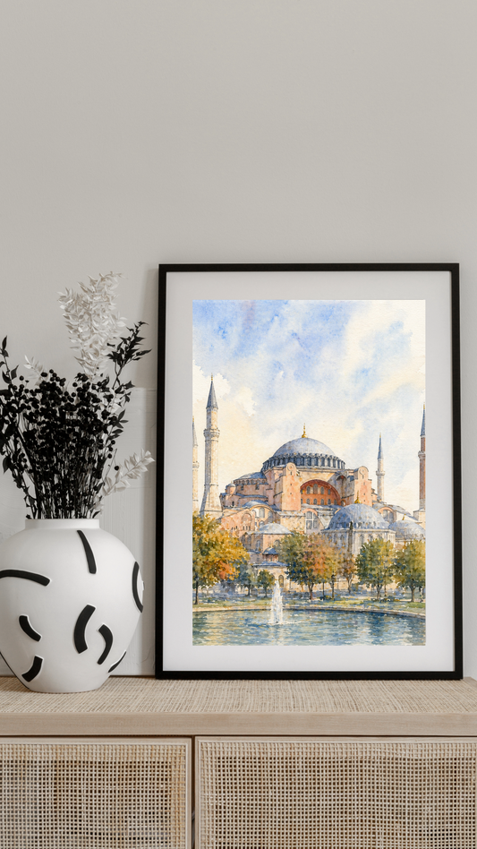 Limited Edition PRINT of my Original Hagia Sofia Mosque, Turkey Watercolour Muslim Painting on Cartridge Paper - No Frame (Size: A4 & A3)