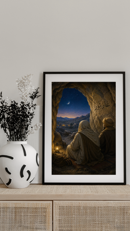 Limited Edition PRINT of my Original Oil Painting of Prophet Muhammad Cave Thawr with Hazrath Abu Bakr Muslim Painting on Cartridge Paper - No Frame (Size: A4 & A3)