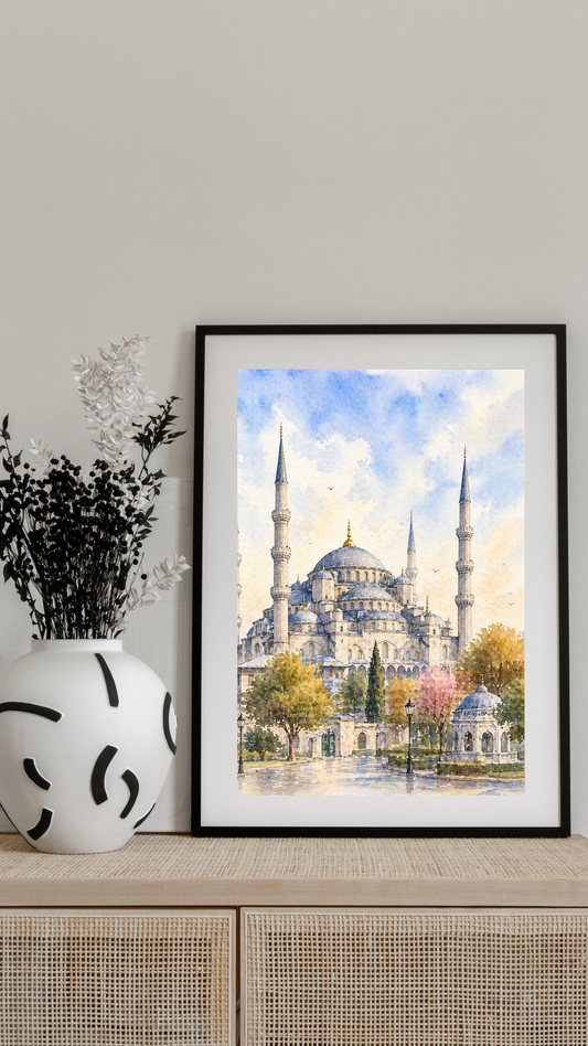 Limited Edition PRINT of my Original Blue Mosque, Turkey Watercolour Muslim Painting on Cartridge Paper - No Frame (Size: A4 & A3)