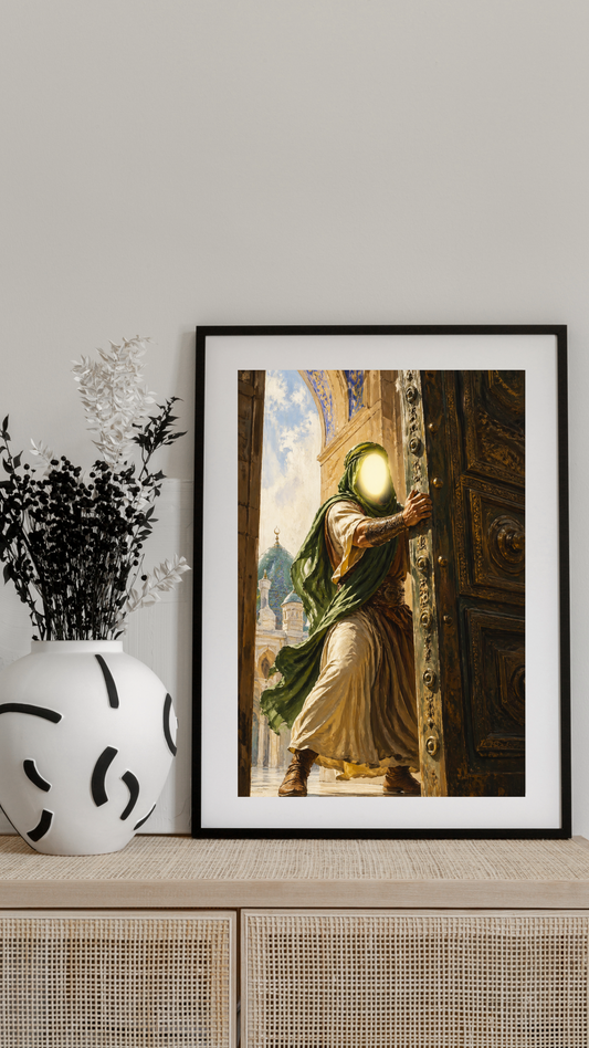 Limited Edition PRINT of my Original Imam Ali Holding 900 Kg Door Muslim Acrylic Painting on Cartridge Paper - No Frame (Size: A4 & A3)