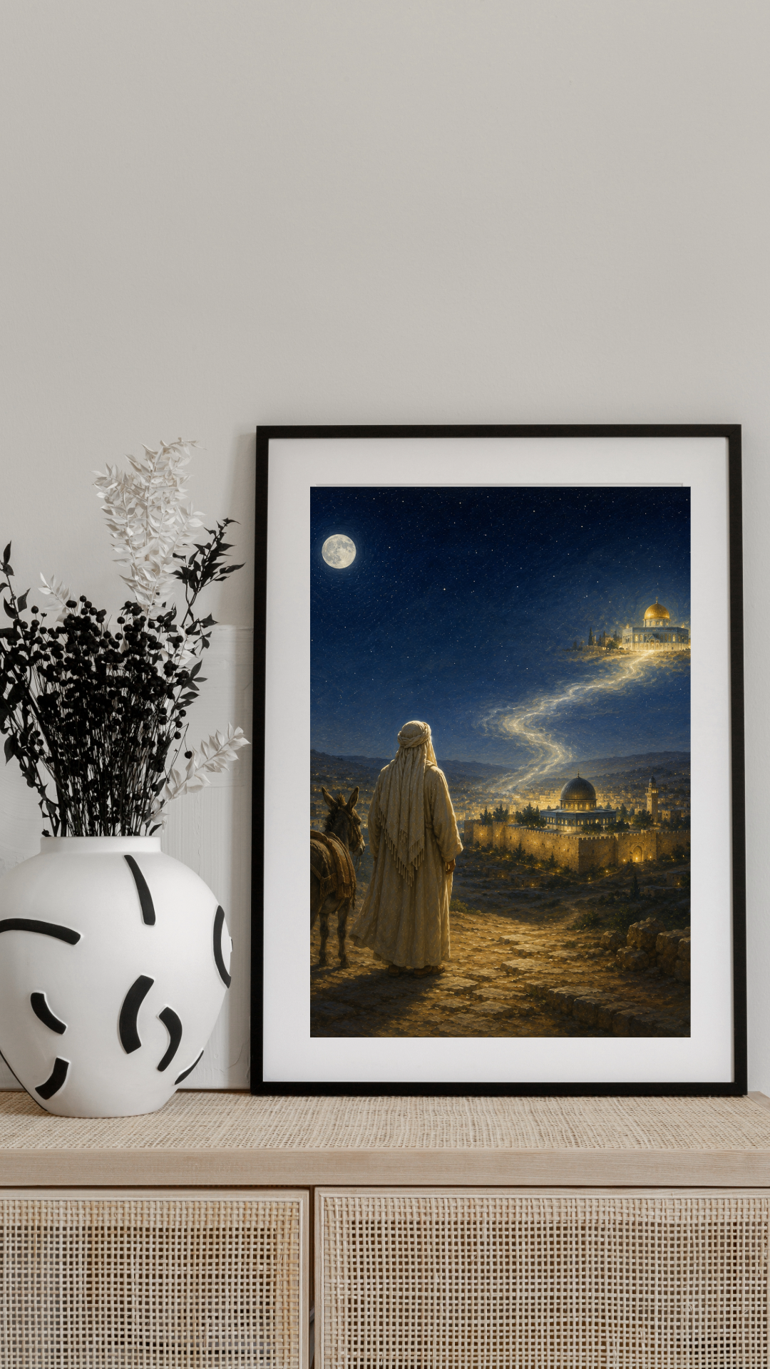 Limited Edition PRINT of my Original Oil Painting of Prophet Muhammad Isra — Night Journey to Jerusalem Muslim Painting on Cartridge Paper - No Frame (Size: A4 & A3)