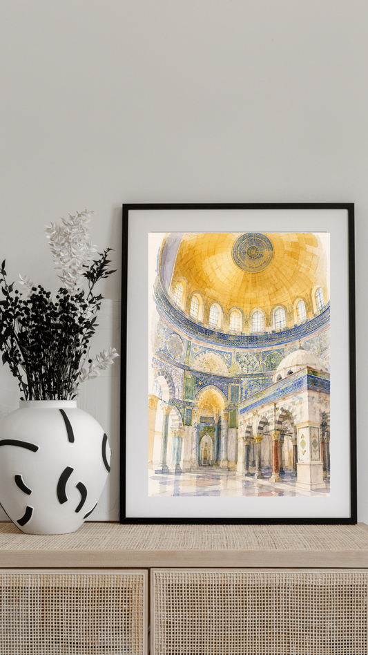 Limited Edition PRINT of my Original Golden Dome Holy Watercolour Muslim Painting on Cartridge Paper - No Frame (Size: A4 & A3)