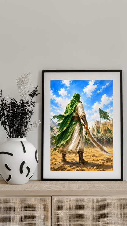 Limited Edition PRINT of my Original acrylic Painting on Imam Ali at the Battlefield  - Muslim Acrylic Painting on Cartridge Paper - No Frame (Size: A4 & A3)