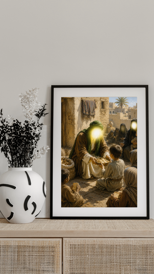 Limited Edition PRINT of my Original acrylic Painting on Imam Ali Feeding orphans and widows - Muslim Acrylic Painting on Cartridge Paper - No Frame (Size: A4 & A3)