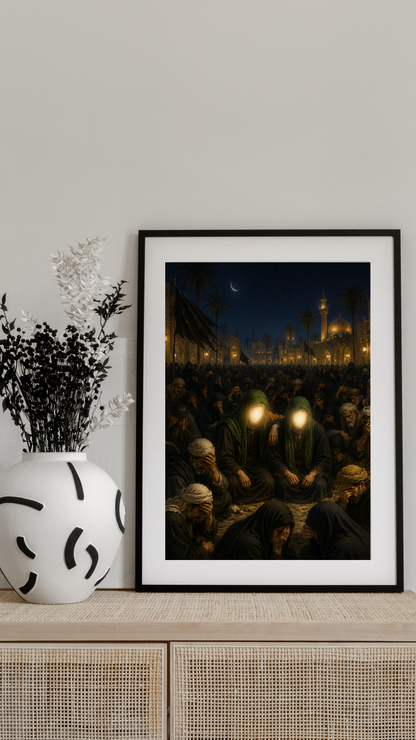 Limited Edition PRINT of my Original acrylic Painting on Imam Ali's Death and Imam Hasan and Imam Husayn beside him Mourning in Kufa - Muslim Acrylic Painting on Cartridge Paper - No Frame (Size: A4 & A3)