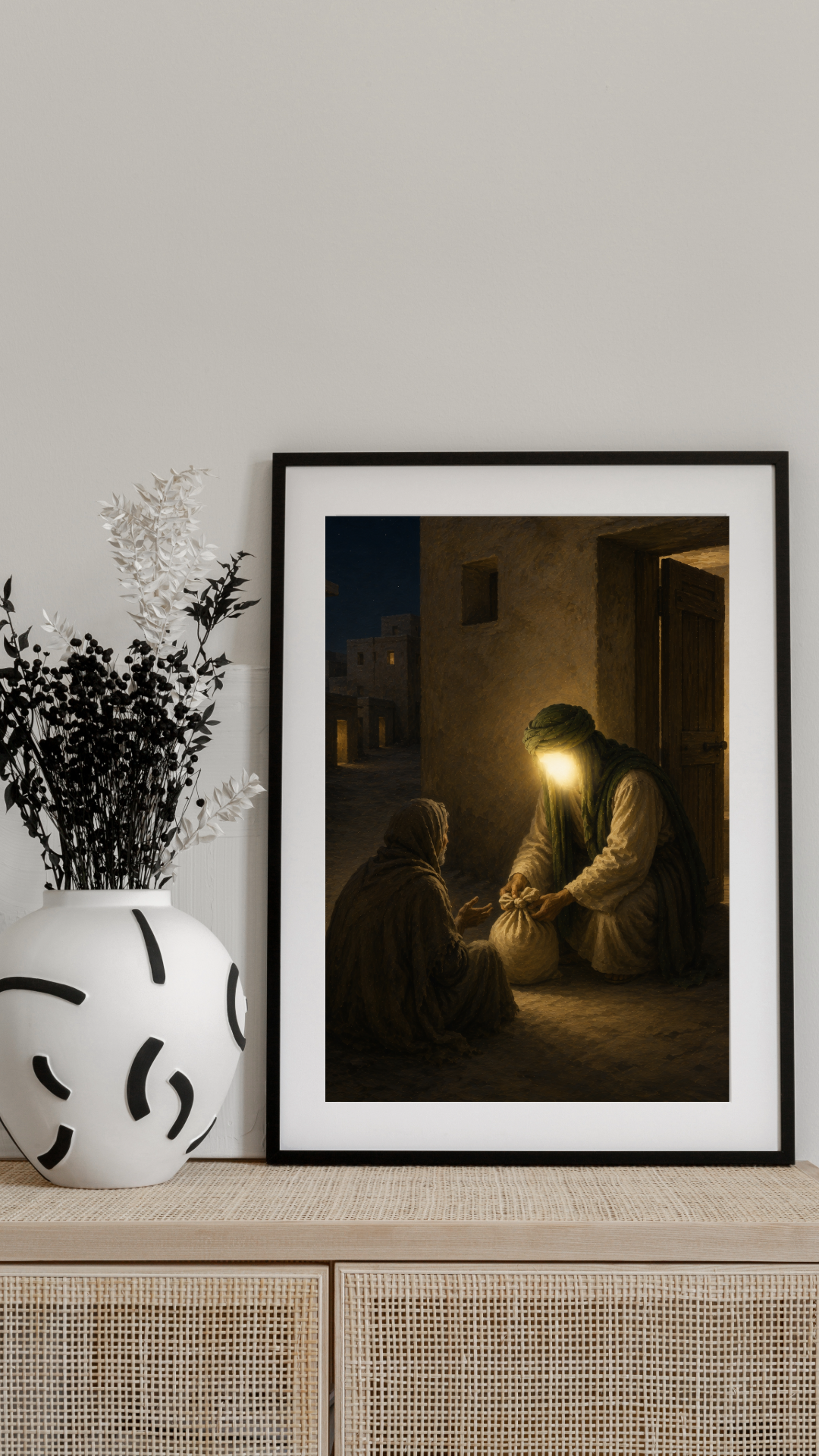 Limited Edition PRINT of my Original acrylic Painting on Imam Ali Helping the poor secretly at night - Muslim Acrylic Painting on Cartridge Paper - No Frame (Size: A4 & A3)