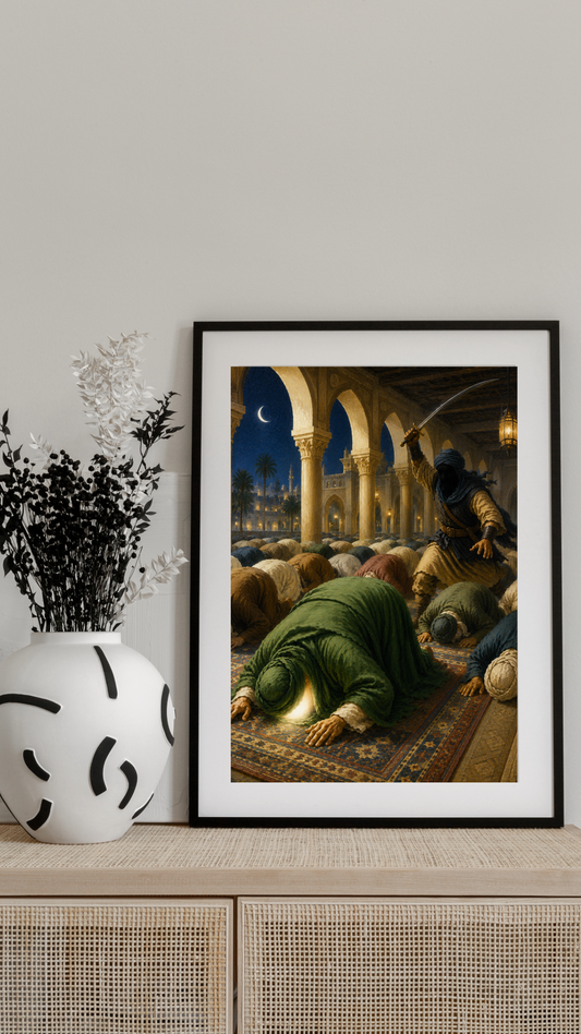 Limited Edition PRINT of my Original acrylic Painting on Imam Ali and The strike during sujood - Muslim Acrylic Painting on Cartridge Paper - No Frame (Size: A4 & A3)